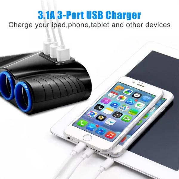 3 way Cigarette Lighter Socket Splitter 12V Three USB Charger Power Adapter Car - Image 2