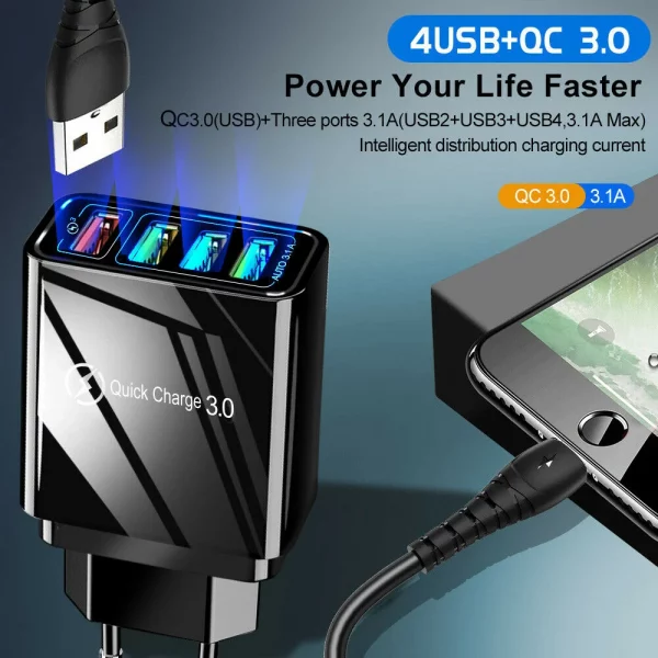 QC3.0 Fast Quick Charge 4 USB Ports Hub Wall Charger Power Adapter
